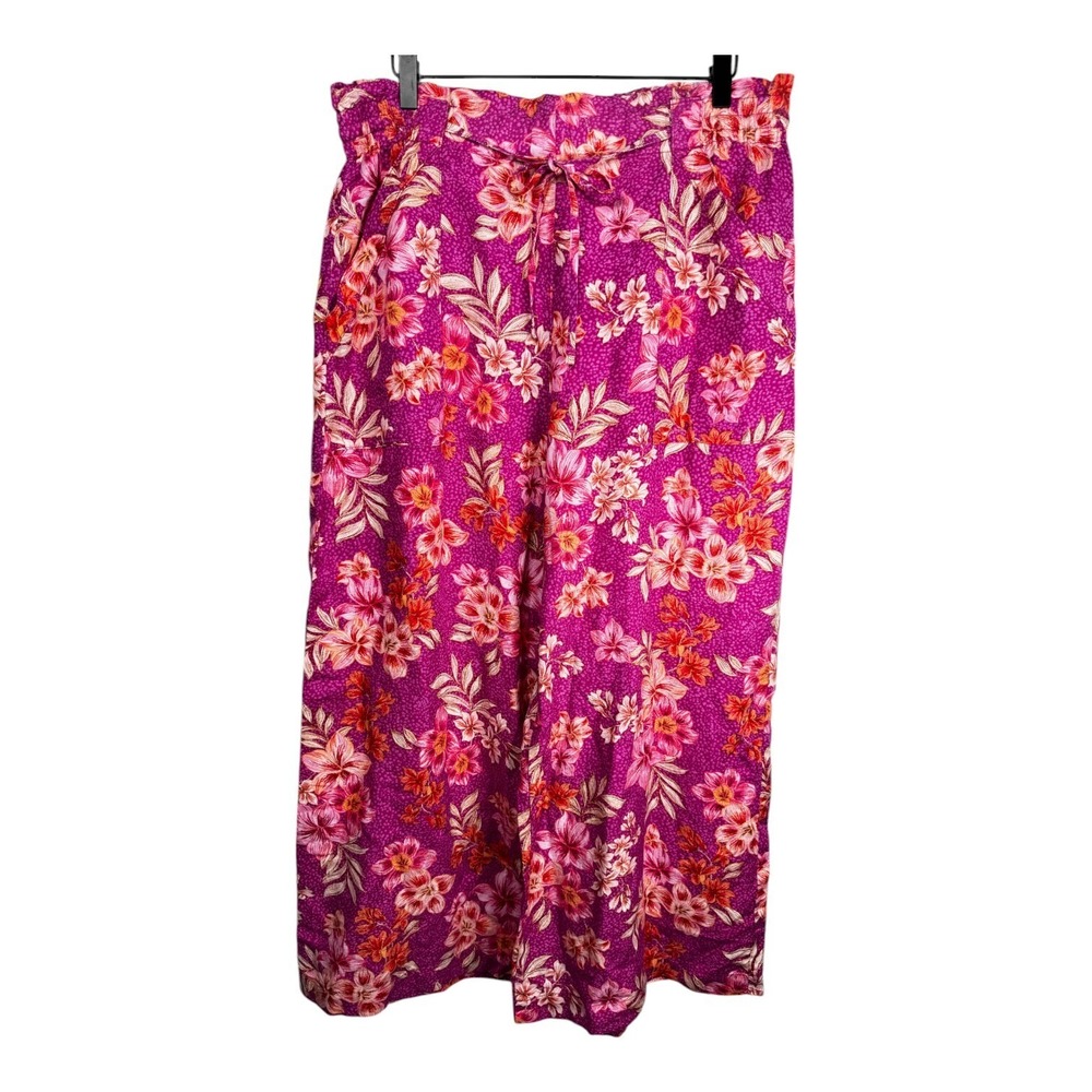 Ann Taylor LOFT Sz Lg Linen Blend Pants Multicolor Pink Cropped Wide Leg Pull On